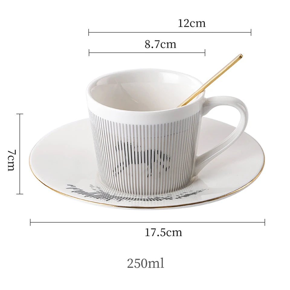 Ensemble tasse à café, soucoupe et plateau en céramique à reflet holographique mobile
