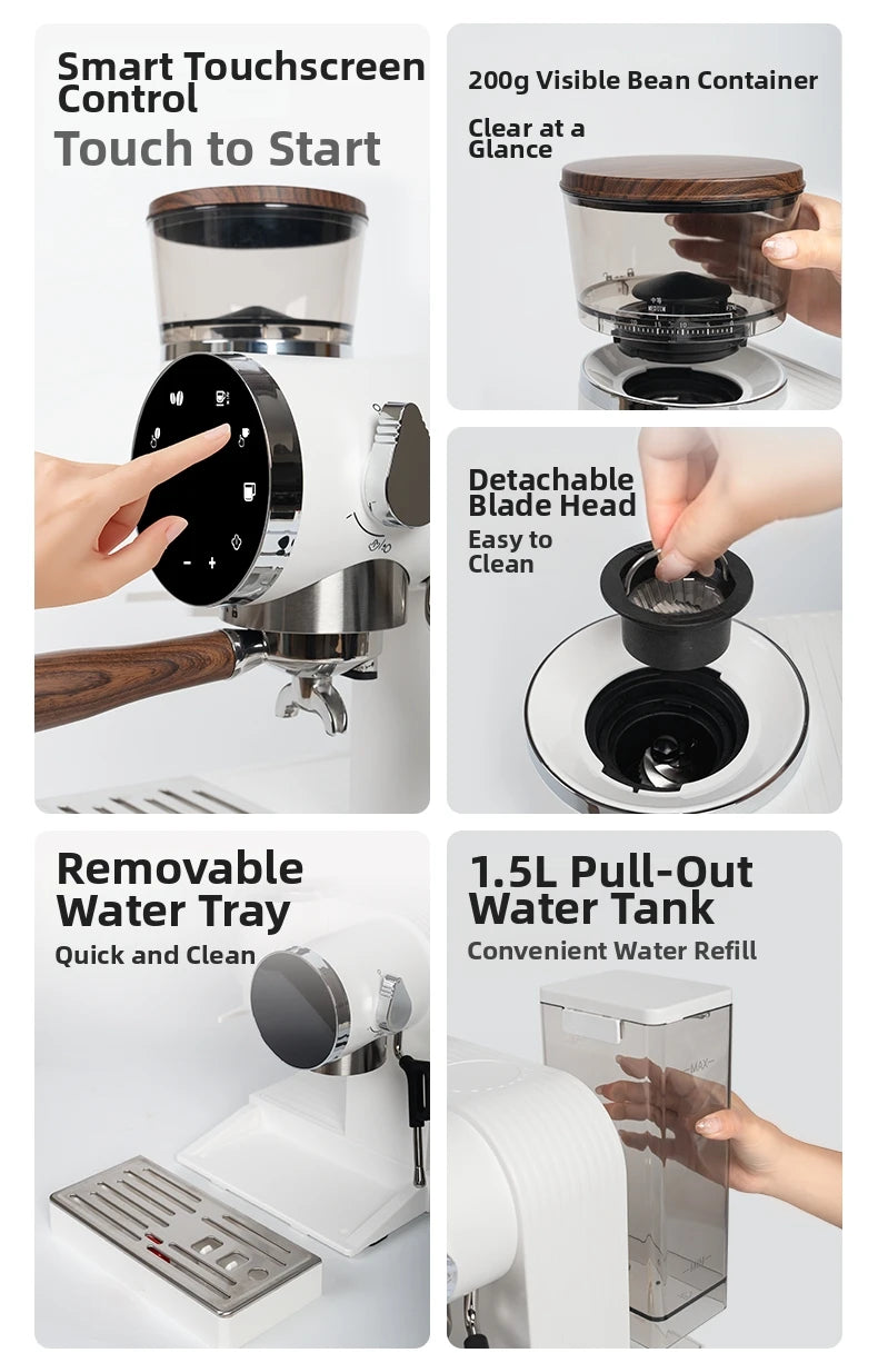 2-in-1 Coffee Machine with Grinder & Milk Frother - 15Bar Espresso Maker for Hot/Iced Coffee Grinding Degree Adjustment Office