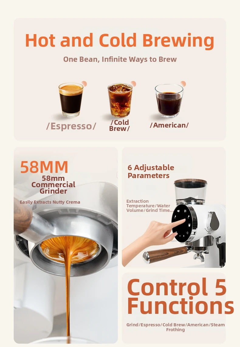 2-in-1 Coffee Machine with Grinder & Milk Frother - 15Bar Espresso Maker for Hot/Iced Coffee Grinding Degree Adjustment Office
