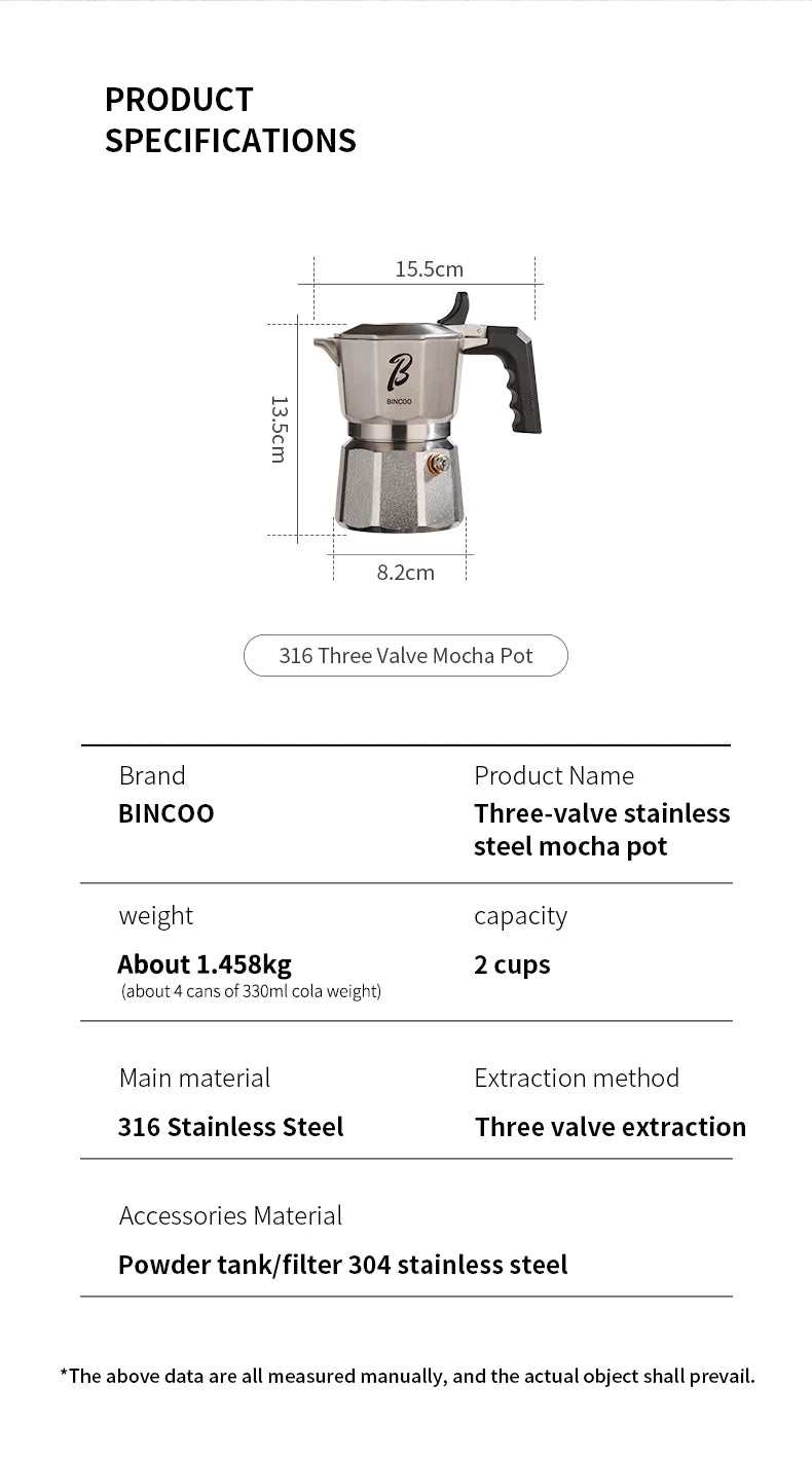 Bincoo Cafetière Mocha à Trois Valves en Acier Inoxydable 316, à Pression Concentrée