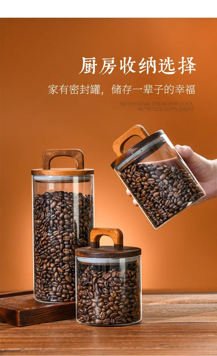 Bocal en verre avec couvercle en bois 1 pièce, récipient alimentaire hermétique, pour grains de café, cuisine