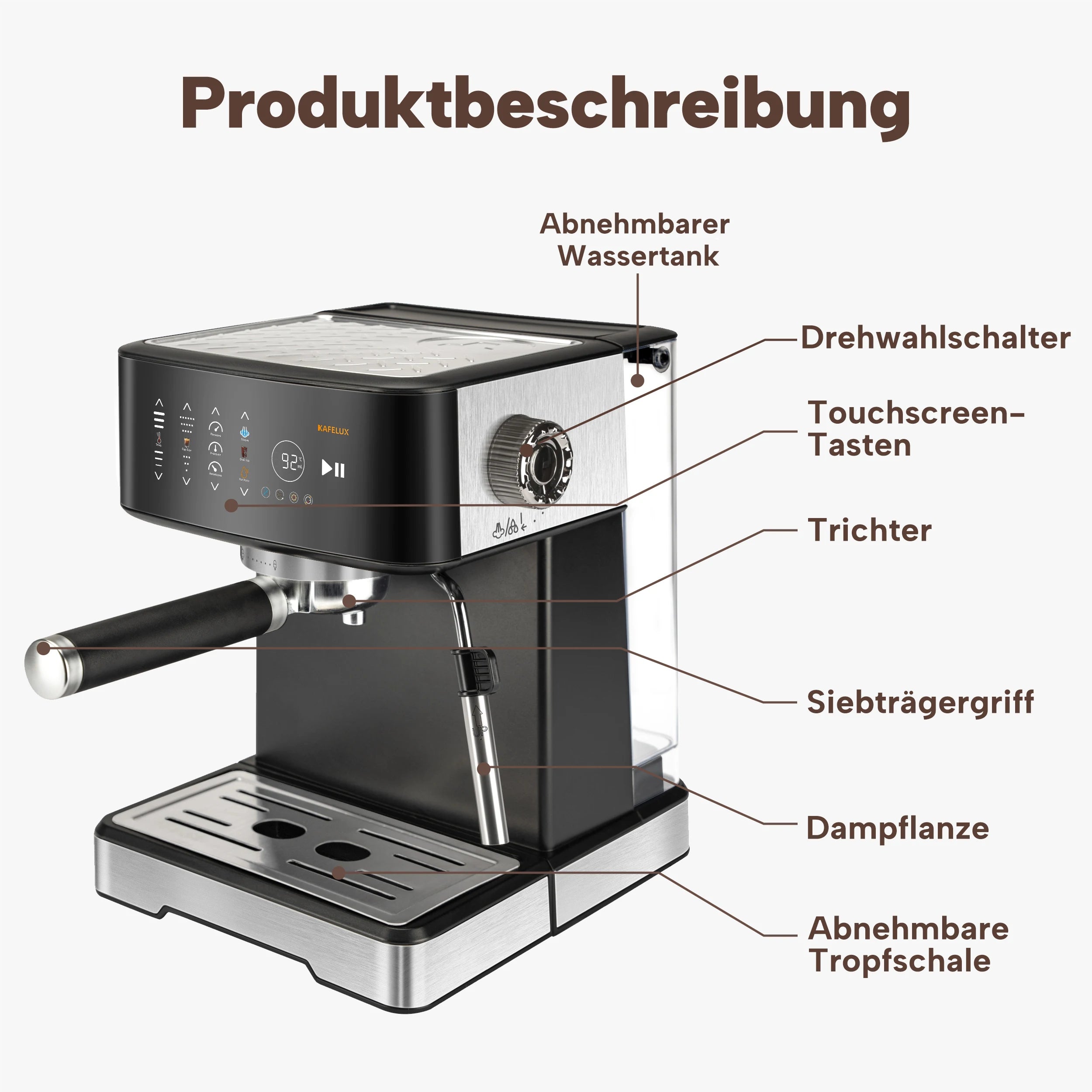 Machine à café expresso avec écran tactile LCD pour mousse de lait Réservoir d'eau amovible
