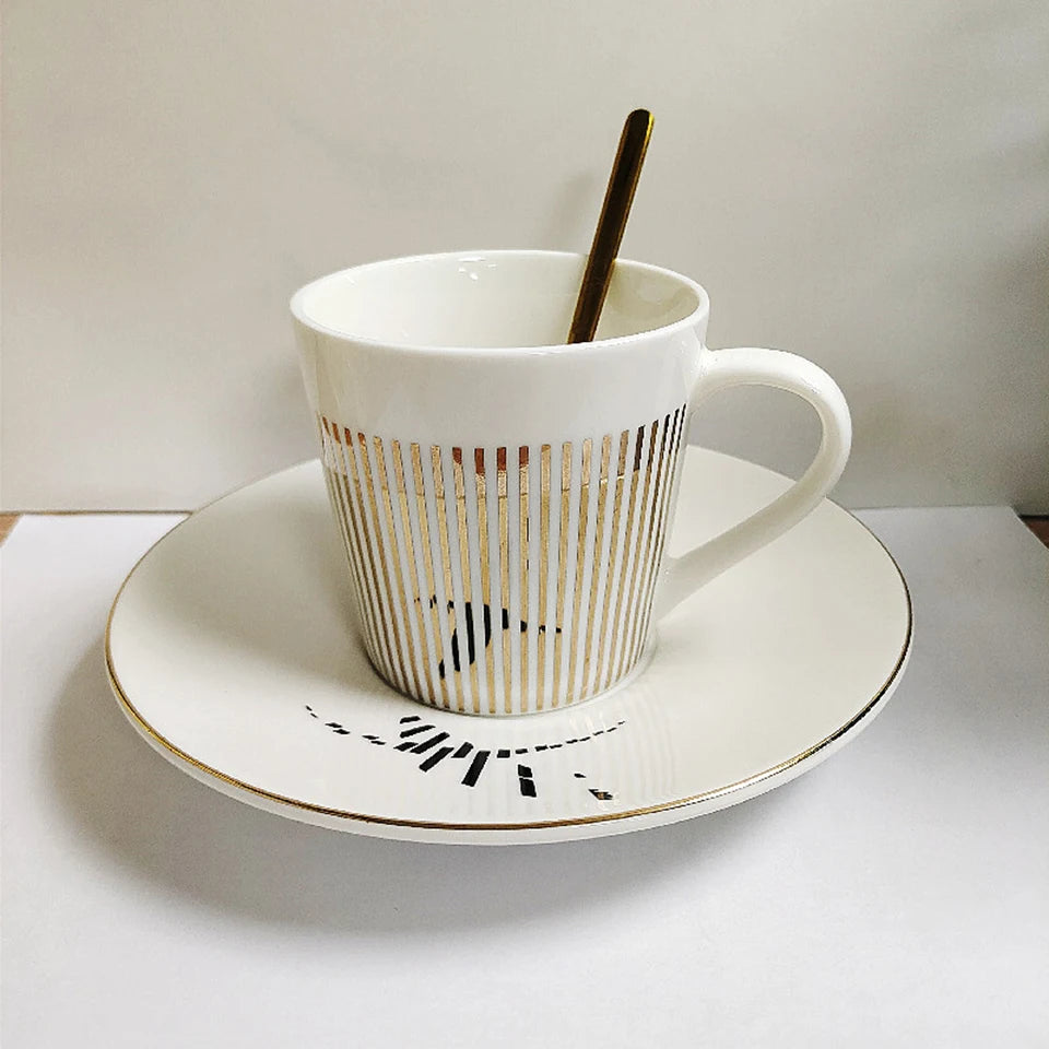 Ensemble tasse à café, soucoupe et plateau en céramique à reflet holographique mobile
