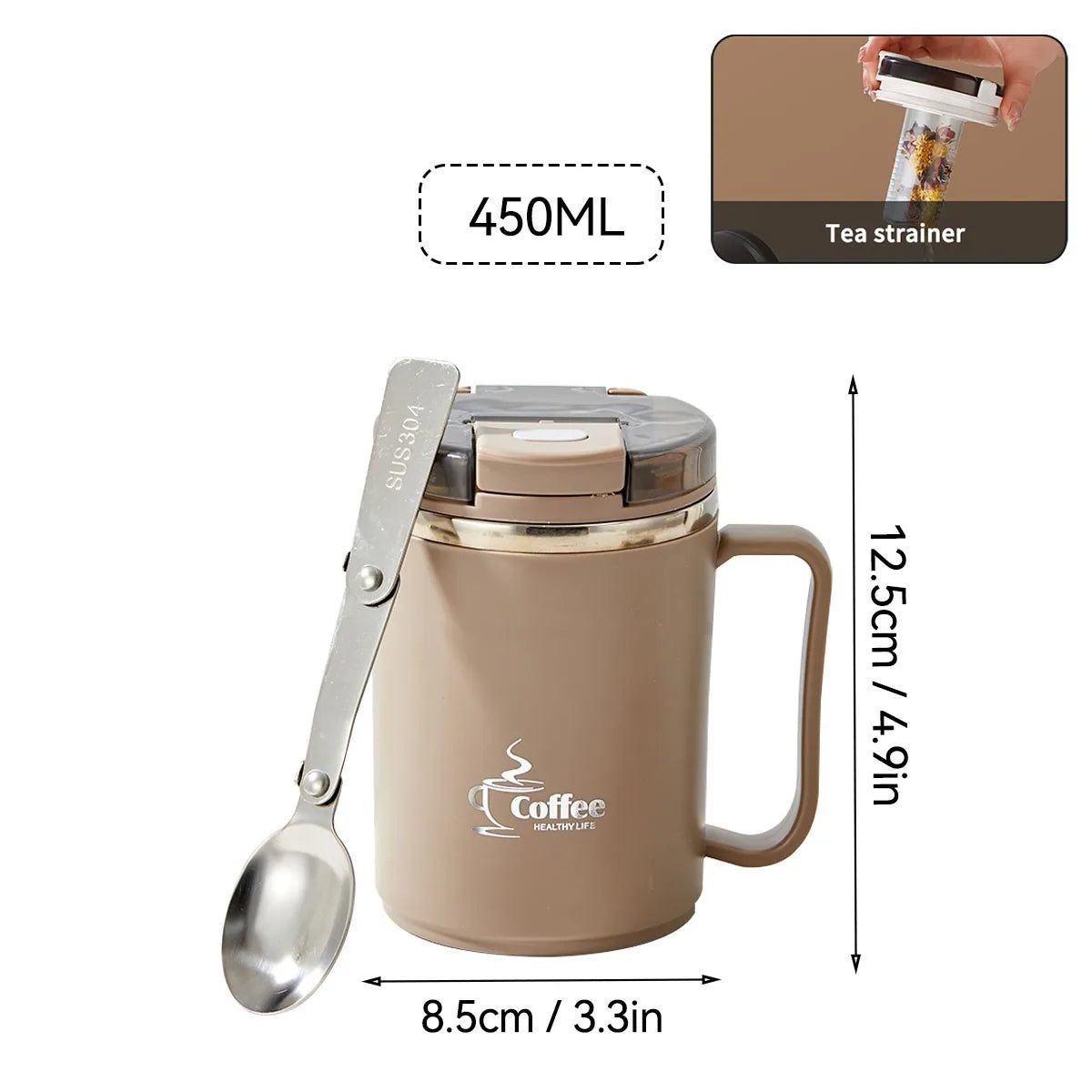 Mug Isotherme avec Cuillère Passoire Portable Grande Capacité Tasse à Café