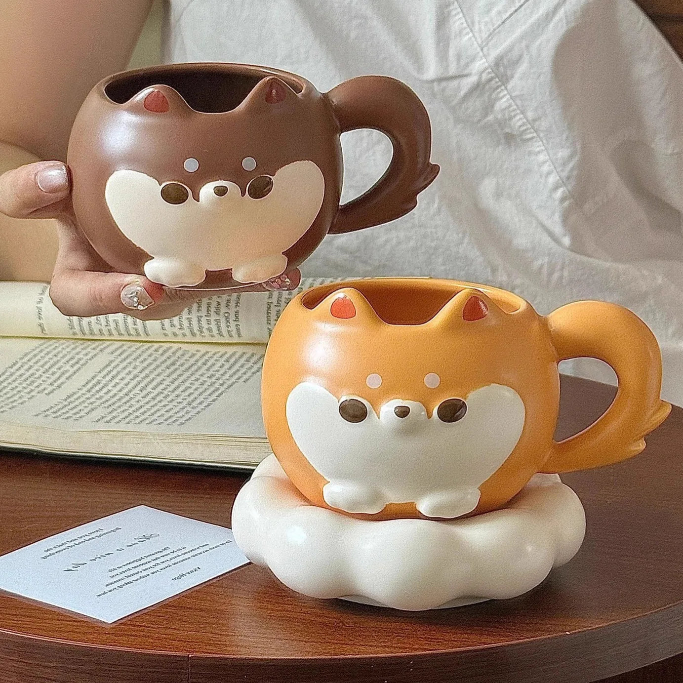 Mug en céramique mignon de Shiba Inu de dessin animé avec couvercle et cuillère, de grande valeur, mignon et amusant