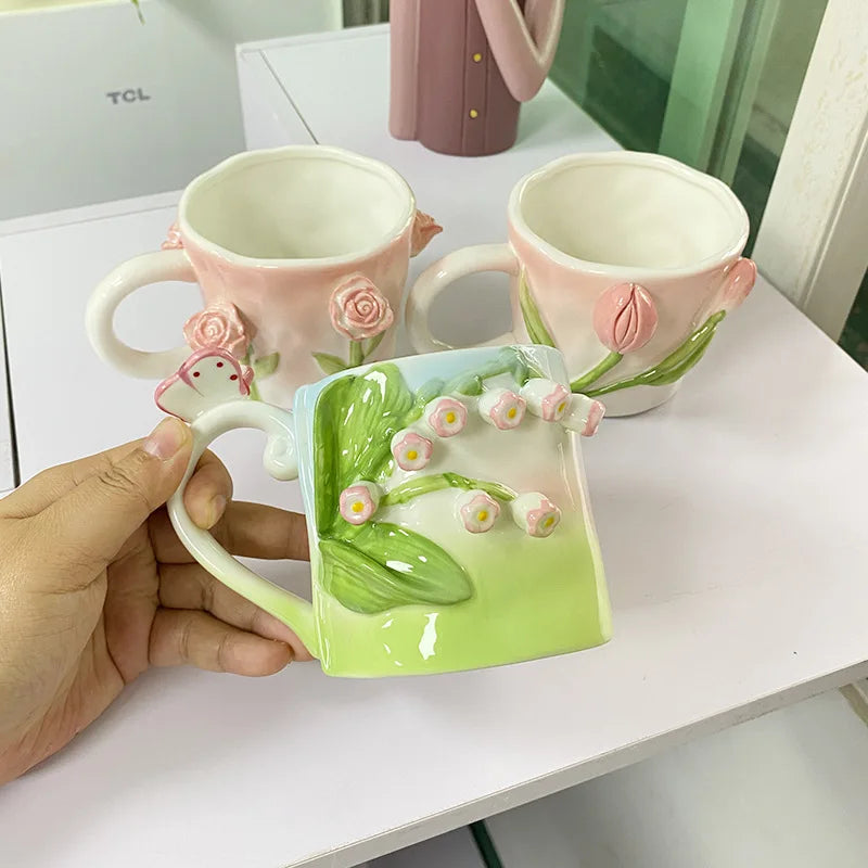 Tasse à café en céramique rose créative en relief motif tulipe pour fille, tasse à fleurs