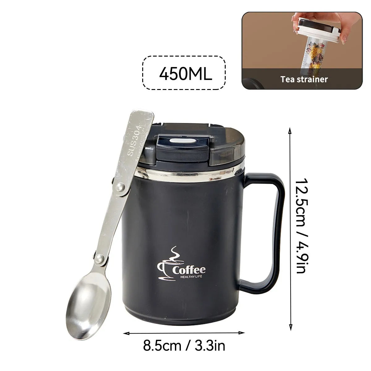 Mug Isotherme avec Cuillère Passoire Portable Grande Capacité Tasse à Café