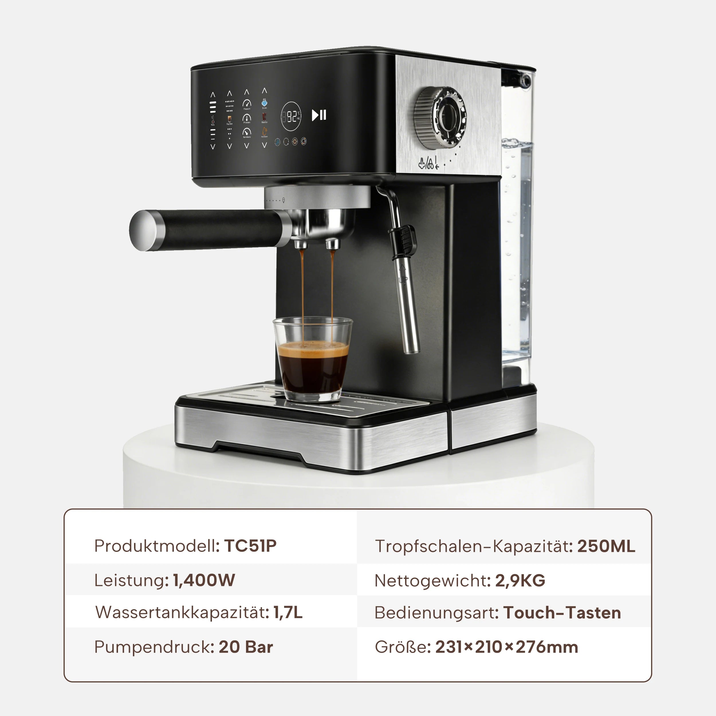Machine à café expresso 20 bars 1400W avec mousseur à lait et écran tactile