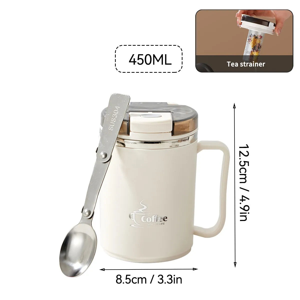 Mug Isotherme avec Cuillère Passoire Portable Grande Capacité Tasse à Café
