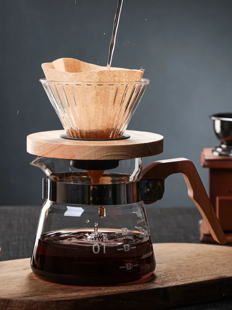 Pichet verseur à café en verre avec poignée en bois, cafetière en verre borosilicaté