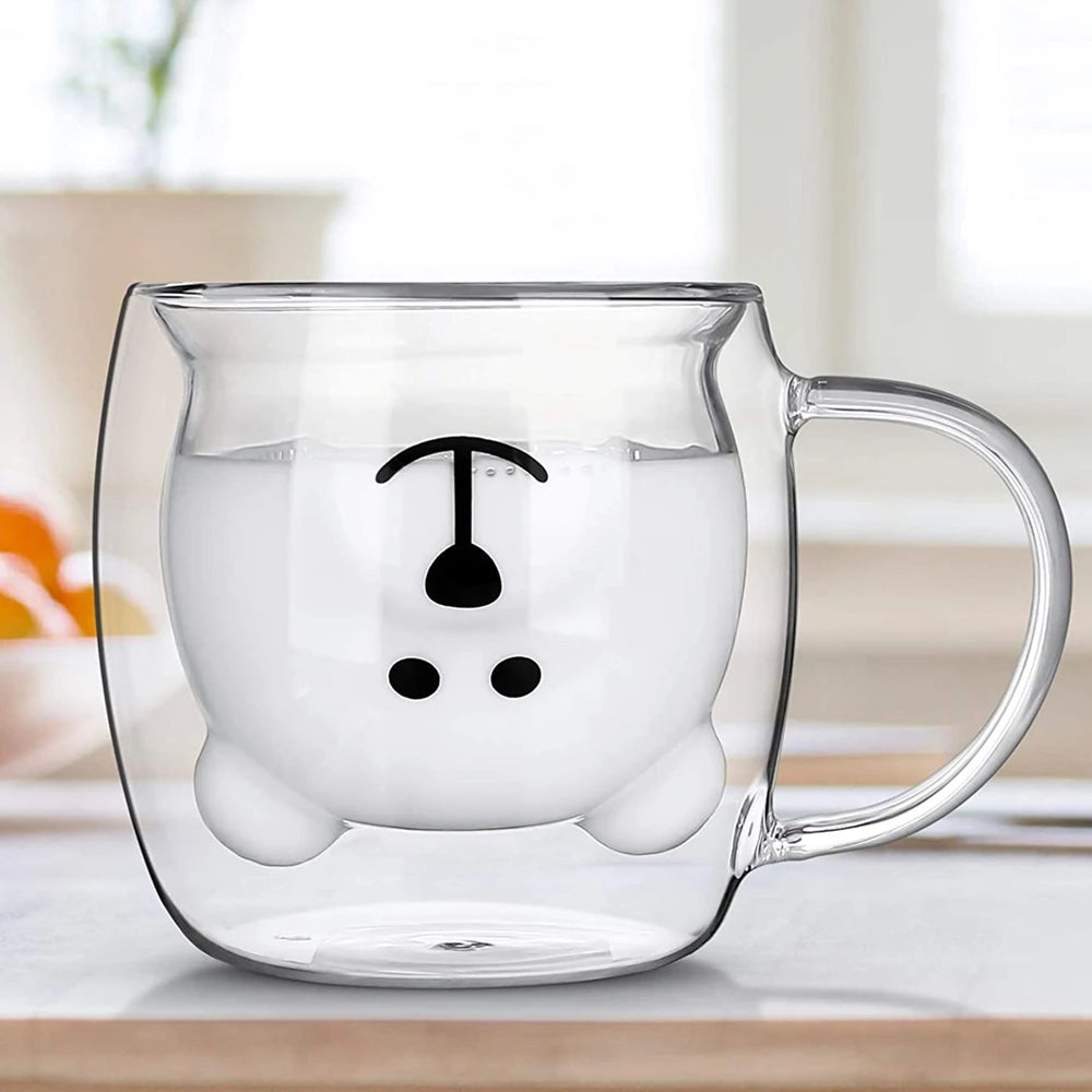 Mug à café double ours mignon avec poignée, tasse transparente mignonne pour lait jus thé