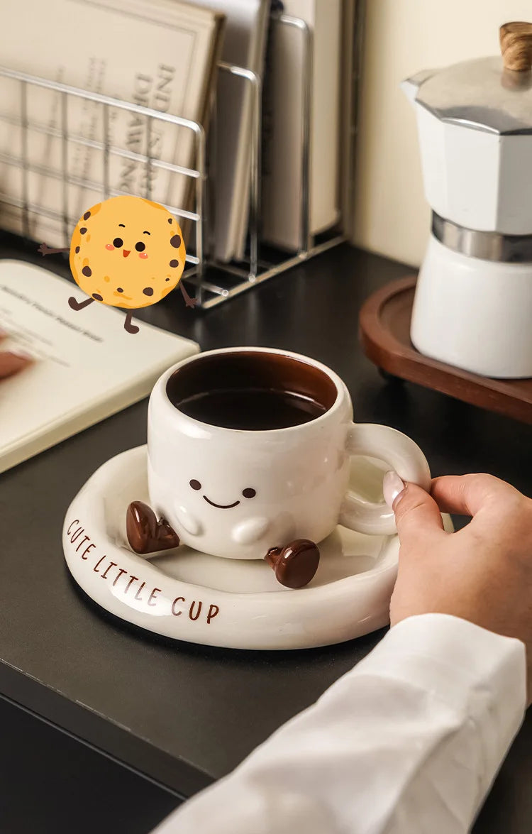 Tasse à café en céramique mignonne avec soucoupe motif smiley dessin animé créatif