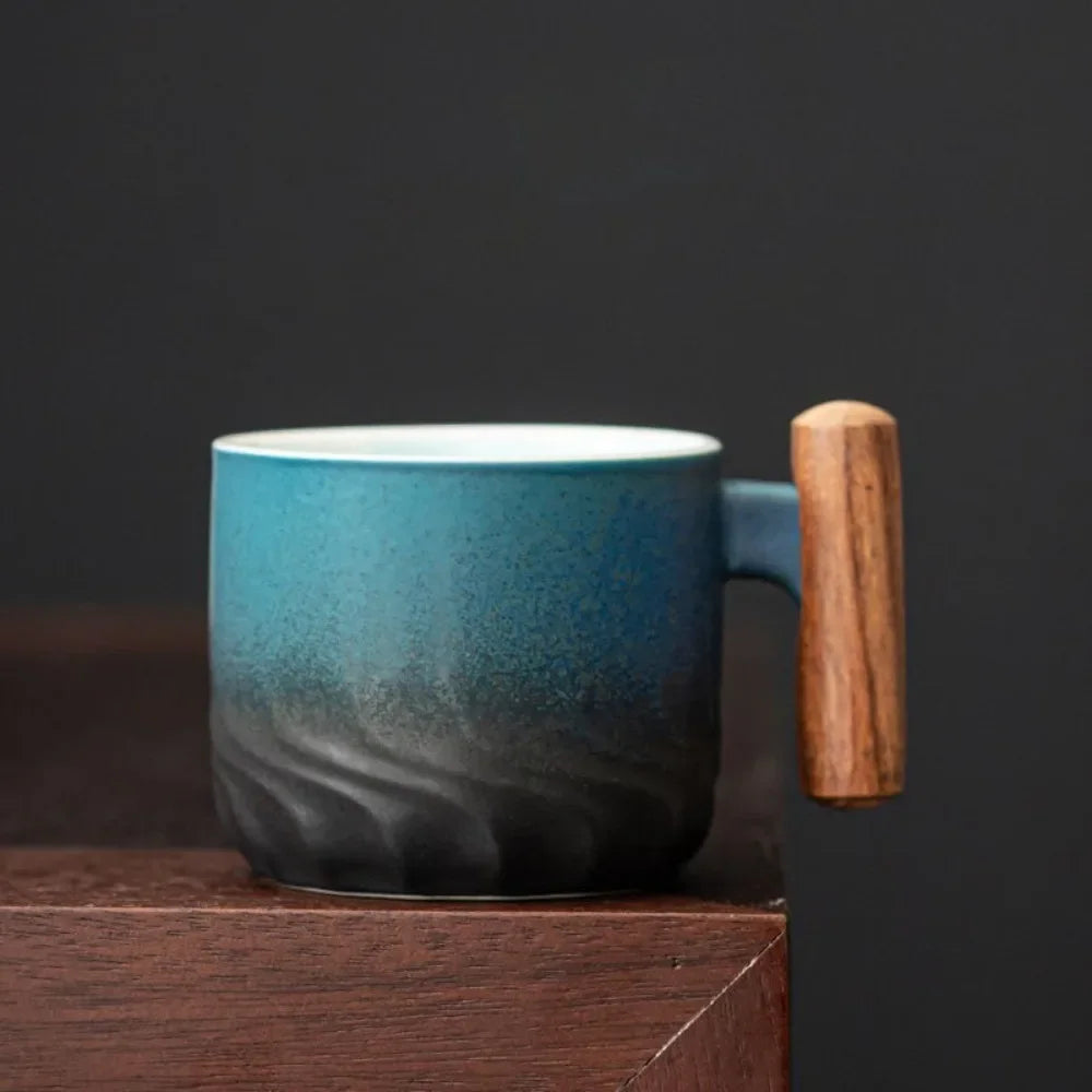 Tasse à café rétro en céramique avec filtre, poignée en bois, pour bureau