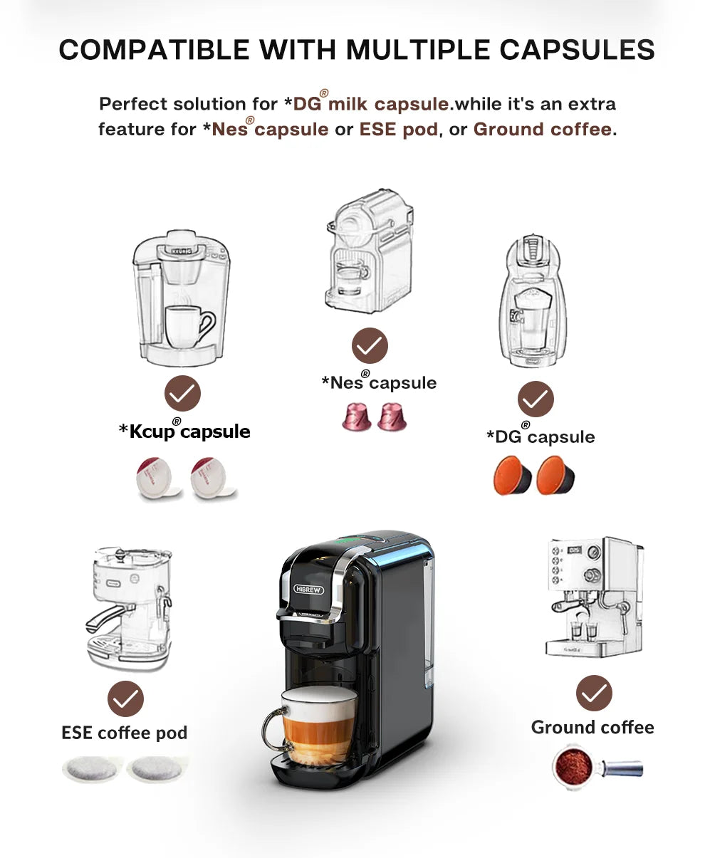 HiBREW 5 in 1 Multiple Coffee Machine Hot/Cold DG Cappuccino Nes Small ESE Pod Ground Coffee Cafeteria 20Bar H2B