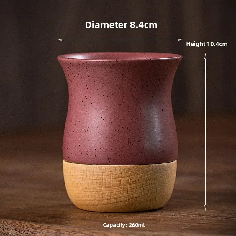 Mug à café vintage en grès avec soucoupe en bois - Céramique artisanale