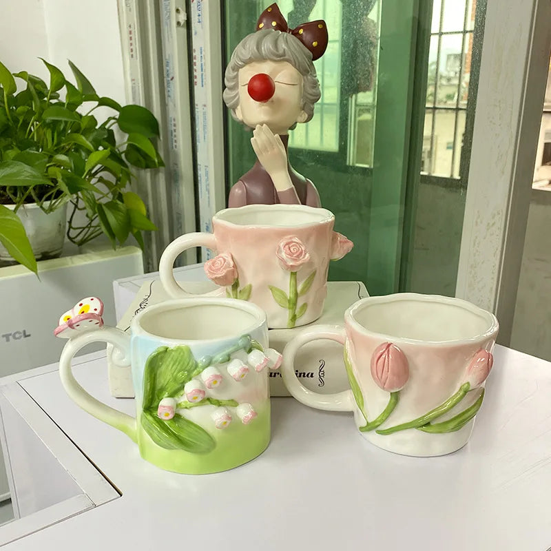 Tasse à café en céramique rose créative en relief motif tulipe pour fille, tasse à fleurs