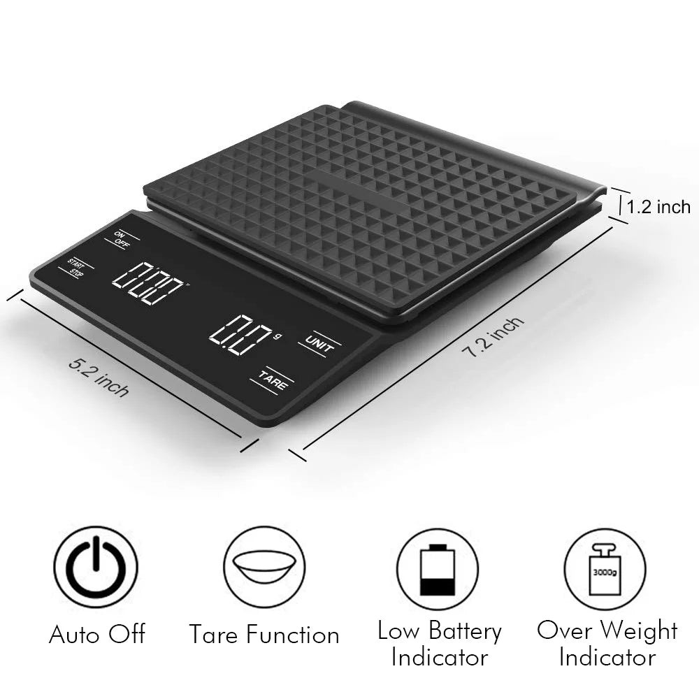 Balance de cuisine numérique 3kg/0.1g, grammes, électronique, haute précision, portable avec minuteur pour café et expresso