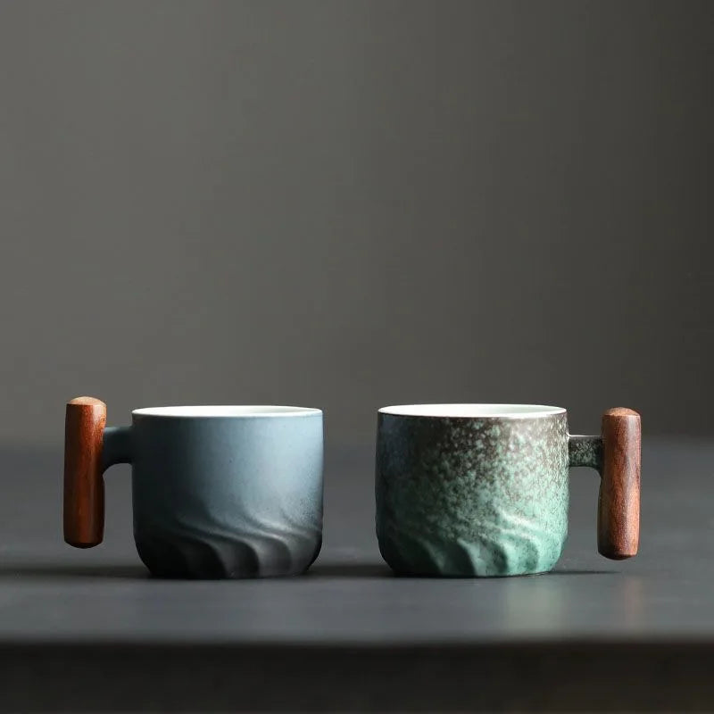 Tasse à café rétro en céramique avec filtre, poignée en bois, pour bureau