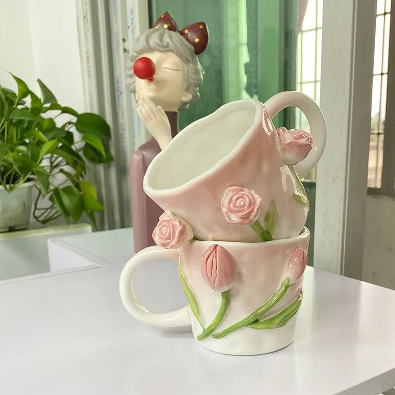 Tasse à café en céramique rose créative en relief motif tulipe pour fille, tasse à fleurs