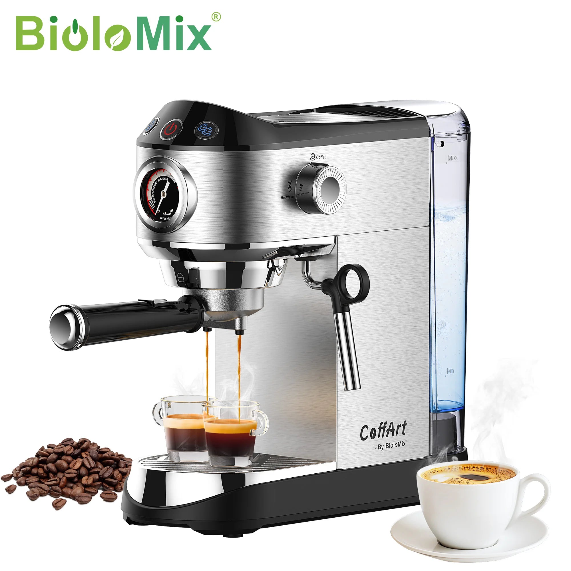 BioloMix Machine à café semi-automatique 20 bars avec buse vapeur pour le lait