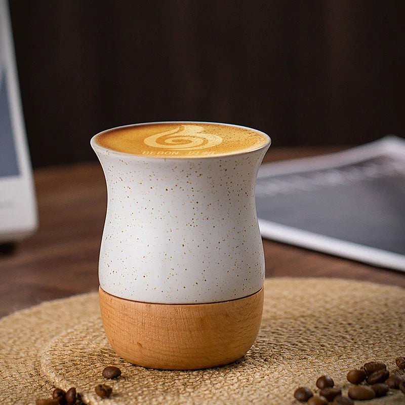 Mug à café vintage en grès avec soucoupe en bois - Céramique artisanale