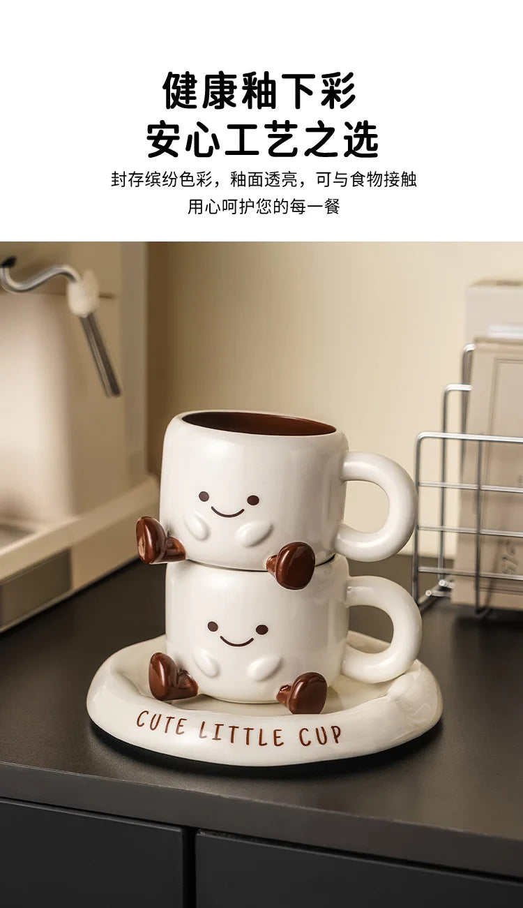 Tasse à café en céramique mignonne avec soucoupe motif smiley dessin animé créatif