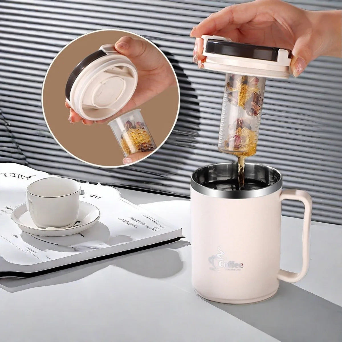 Mug Isotherme avec Cuillère Passoire Portable Grande Capacité Tasse à Café