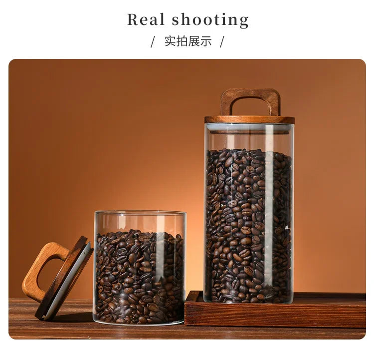 Bocal en verre avec couvercle en bois 1 pièce, récipient alimentaire hermétique, pour grains de café, cuisine