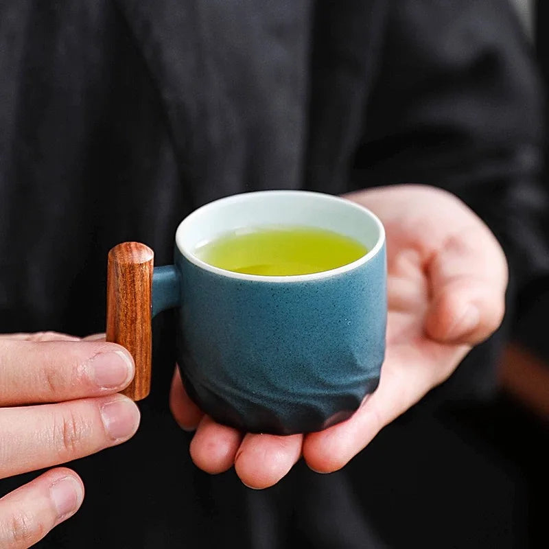 Tasse à café rétro en céramique avec filtre, poignée en bois, pour bureau