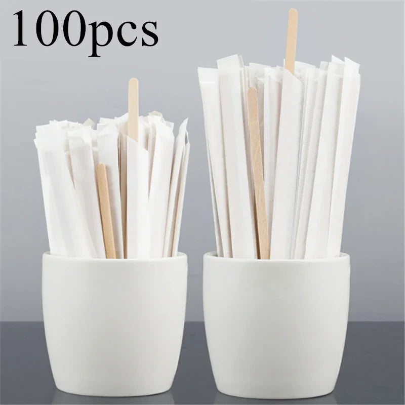 100 pièces, bâtonnets mélangeurs à café en bois, emballés individuellement, bâtonnets à thé jetables en bois