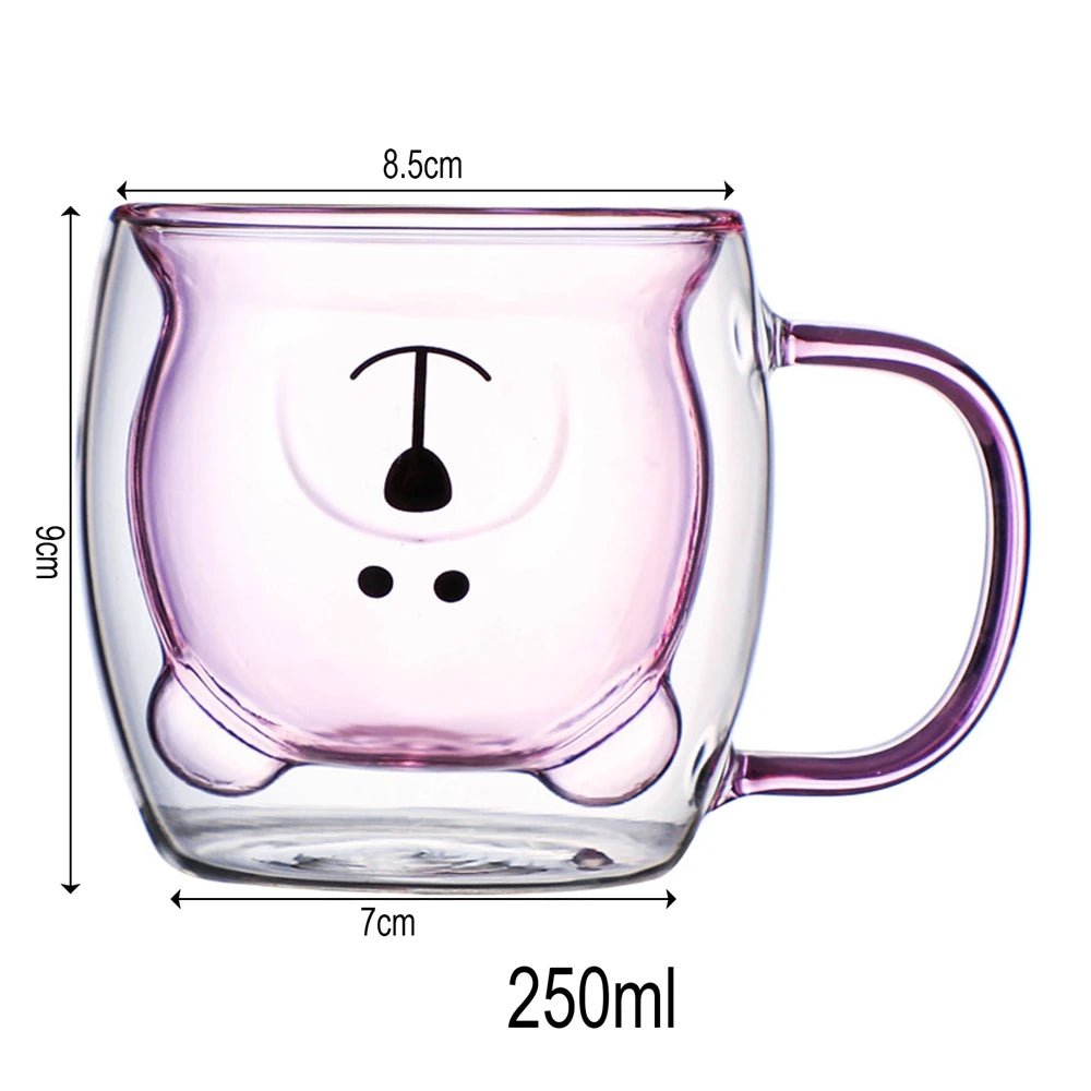Mug à café double ours mignon avec poignée, tasse transparente mignonne pour lait jus thé