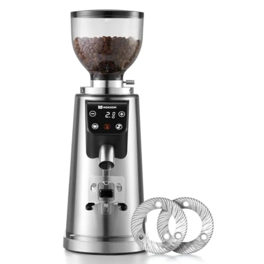 Professional 64mm Flat Burr Coffee Grinder with 100 Grind Settings All-Metal Stainless Steel Body Adjustable Electronic Timer A