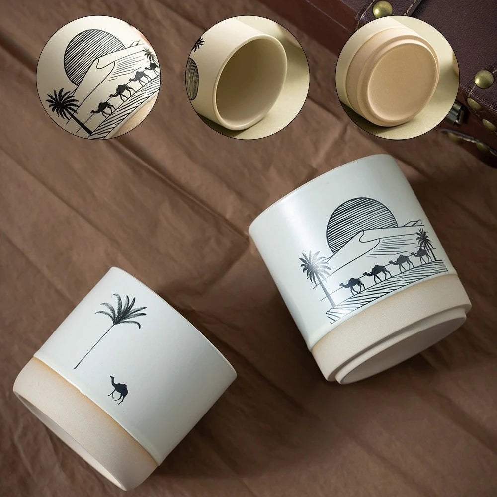230ML Tasse Rétro en Poterie Grossière Style Moyen-Orient Arbre à Palmiers Arabe Chameau Thé