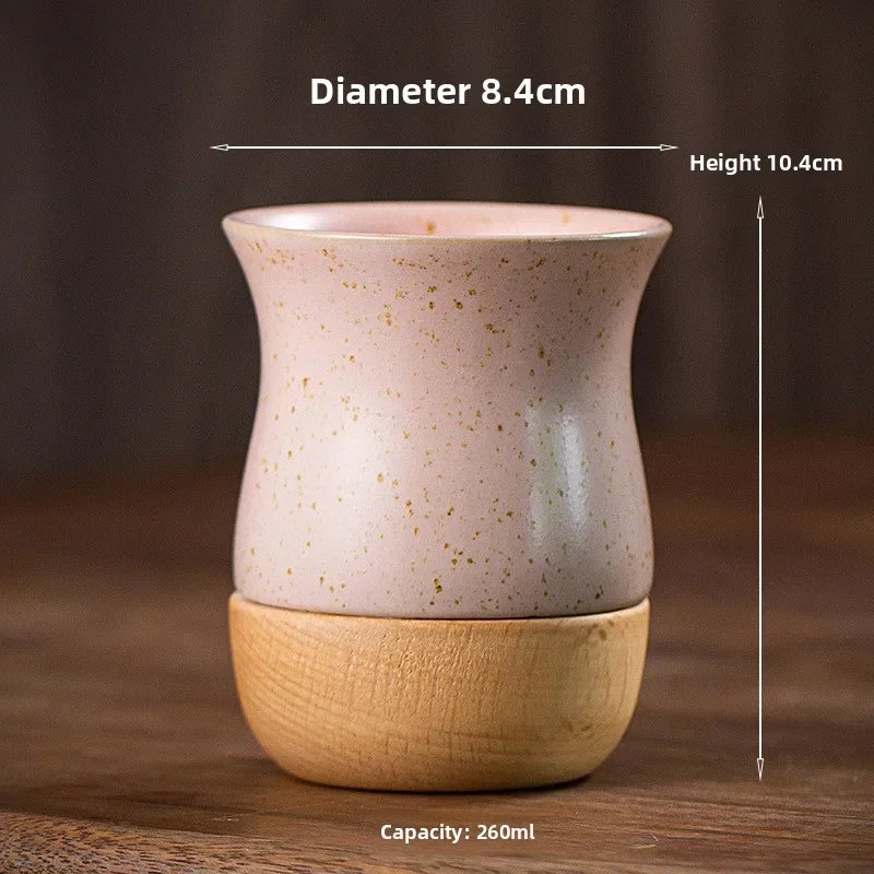 Mug à café vintage en grès avec soucoupe en bois - Céramique artisanale