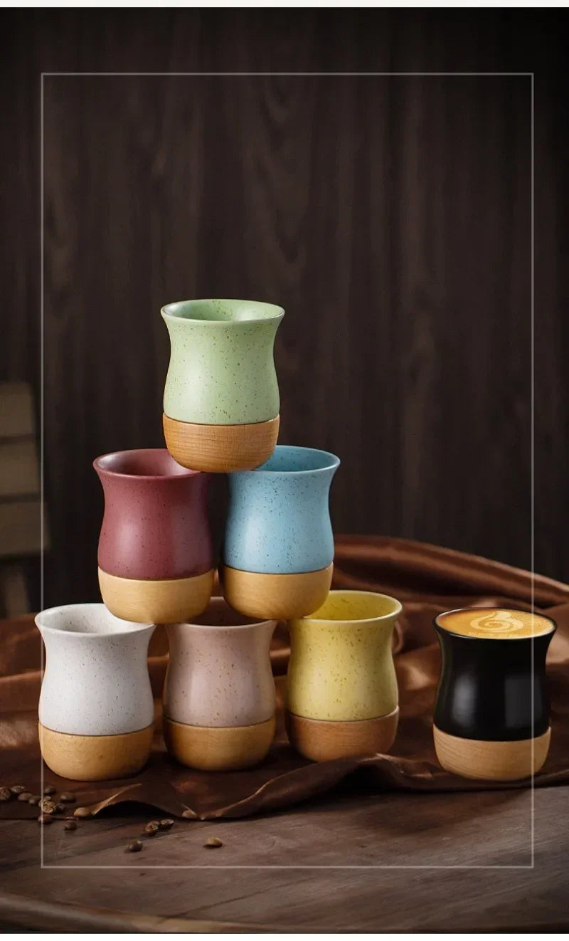 Mug à café vintage en grès avec soucoupe en bois - Céramique artisanale