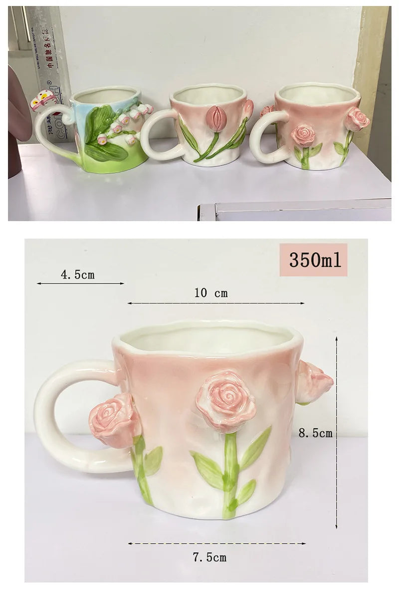 Tasse à café en céramique rose créative en relief motif tulipe pour fille, tasse à fleurs