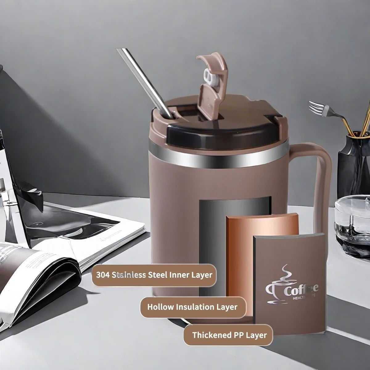 Mug Isotherme avec Cuillère Passoire Portable Grande Capacité Tasse à Café