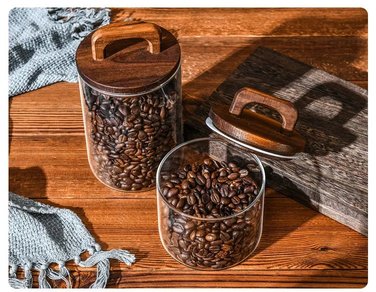 Bocal en verre avec couvercle en bois 1 pièce, récipient alimentaire hermétique, pour grains de café, cuisine