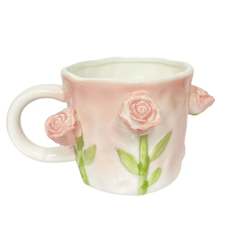 Tasse à café en céramique rose créative en relief motif tulipe pour fille, tasse à fleurs