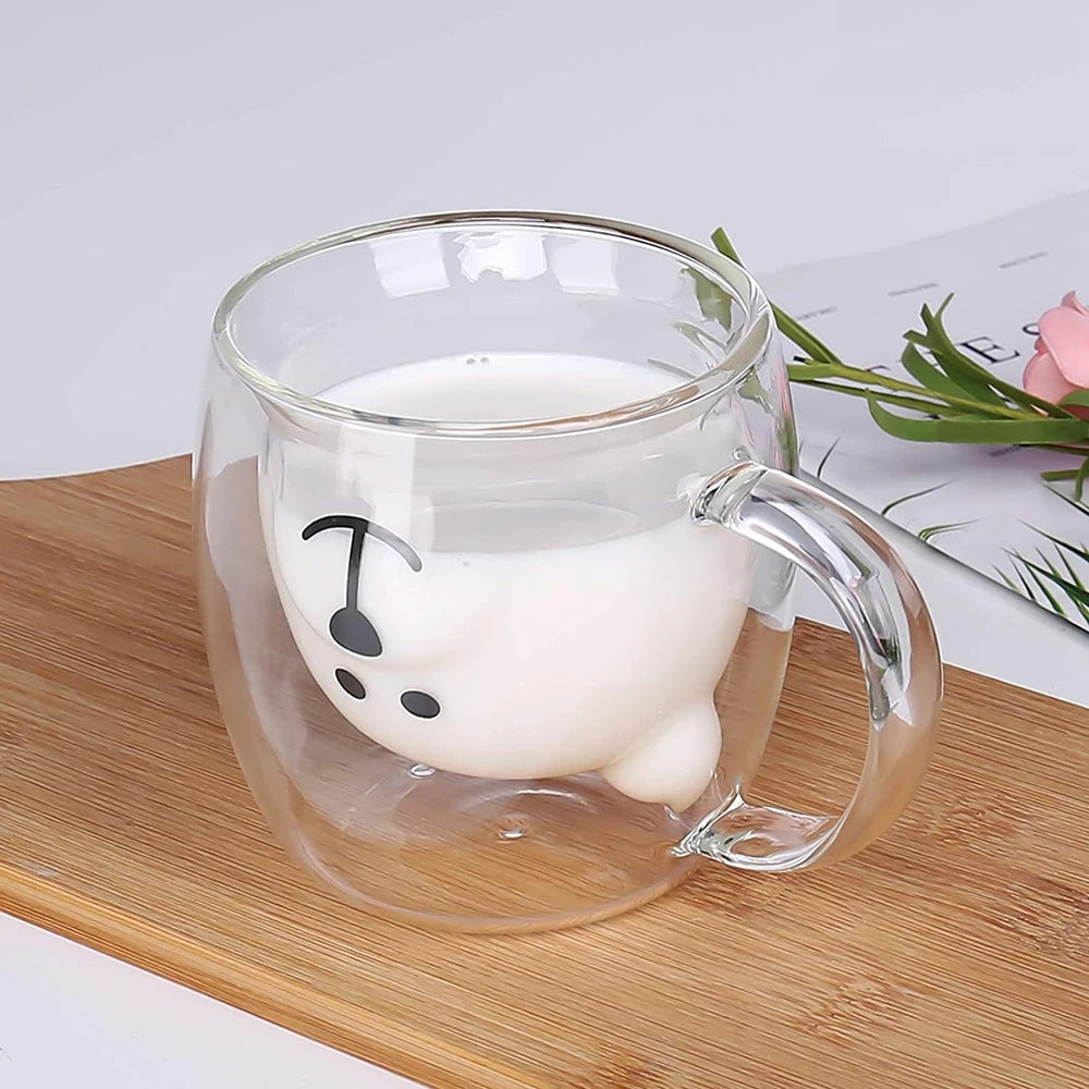 Mug à café double ours mignon avec poignée, tasse transparente mignonne pour lait jus thé