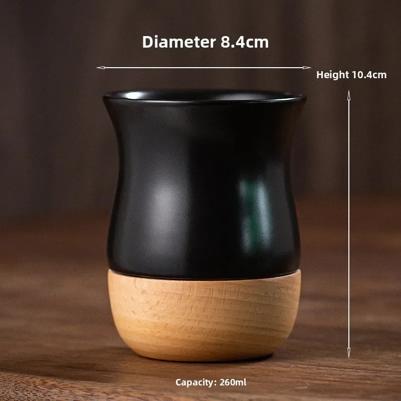 Mug à café vintage en grès avec soucoupe en bois - Céramique artisanale