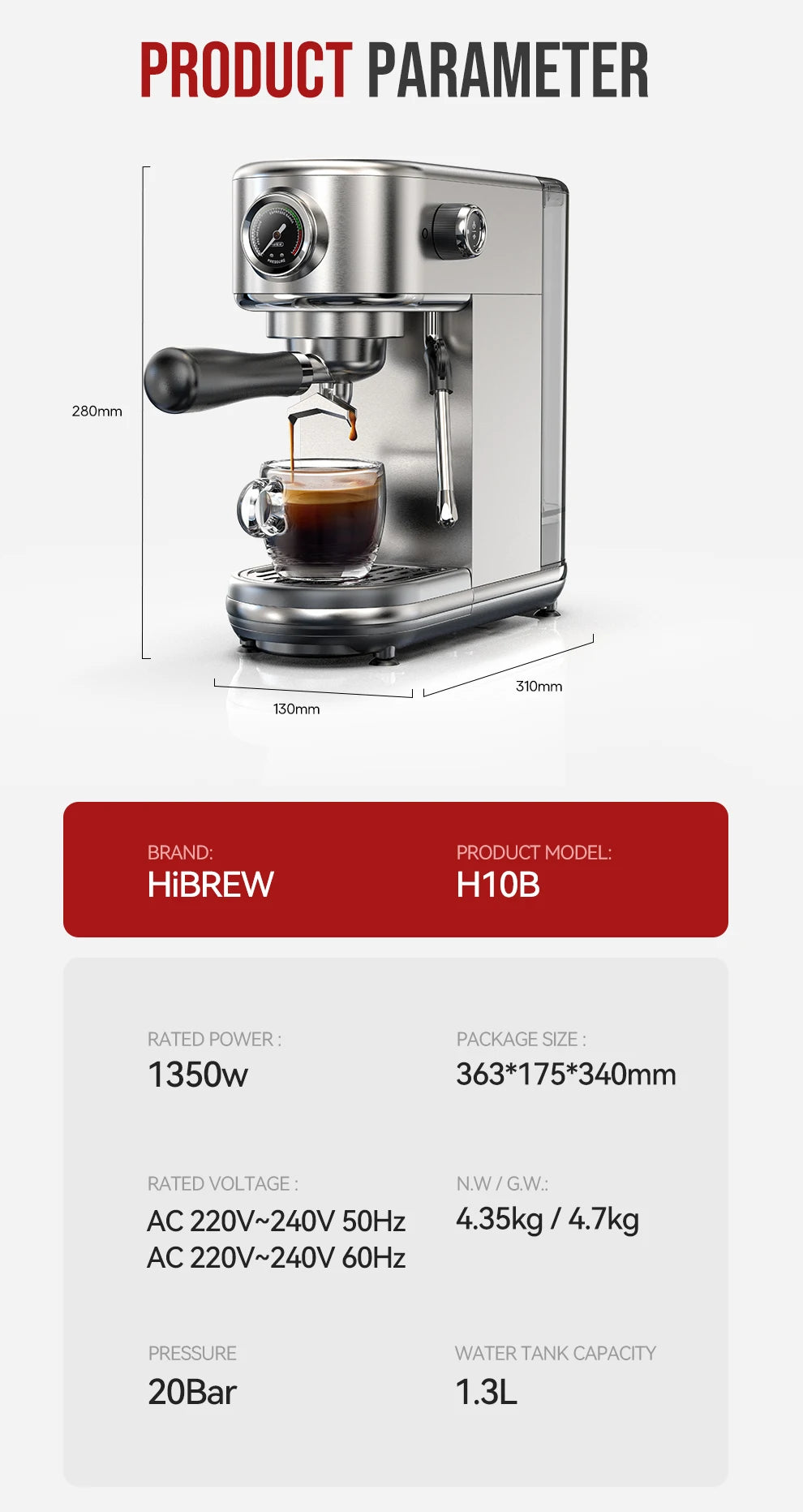 HiBREW 20Bar Semi Automatic Espresso Coffee Machine Temperature Adjustable Cold/Hot Super Slim Coffee Maker Cappuccino