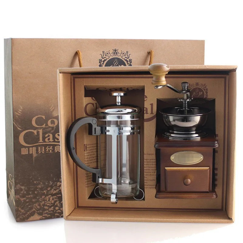 1set Moulin à café manuel vintage en bois avec piston pour la maison