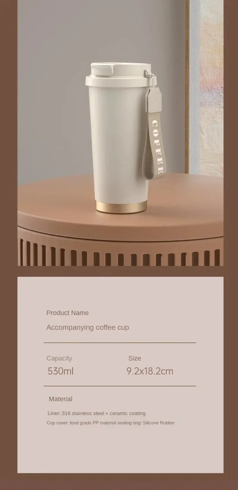 Tasse à café isotherme élégante en céramique, acier inoxydable à double paroi sous vide