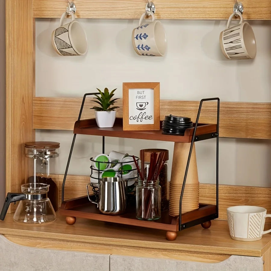 Organisateur de bar à café de ferme, étagère de comptoir en bois et métal pour la cuisine