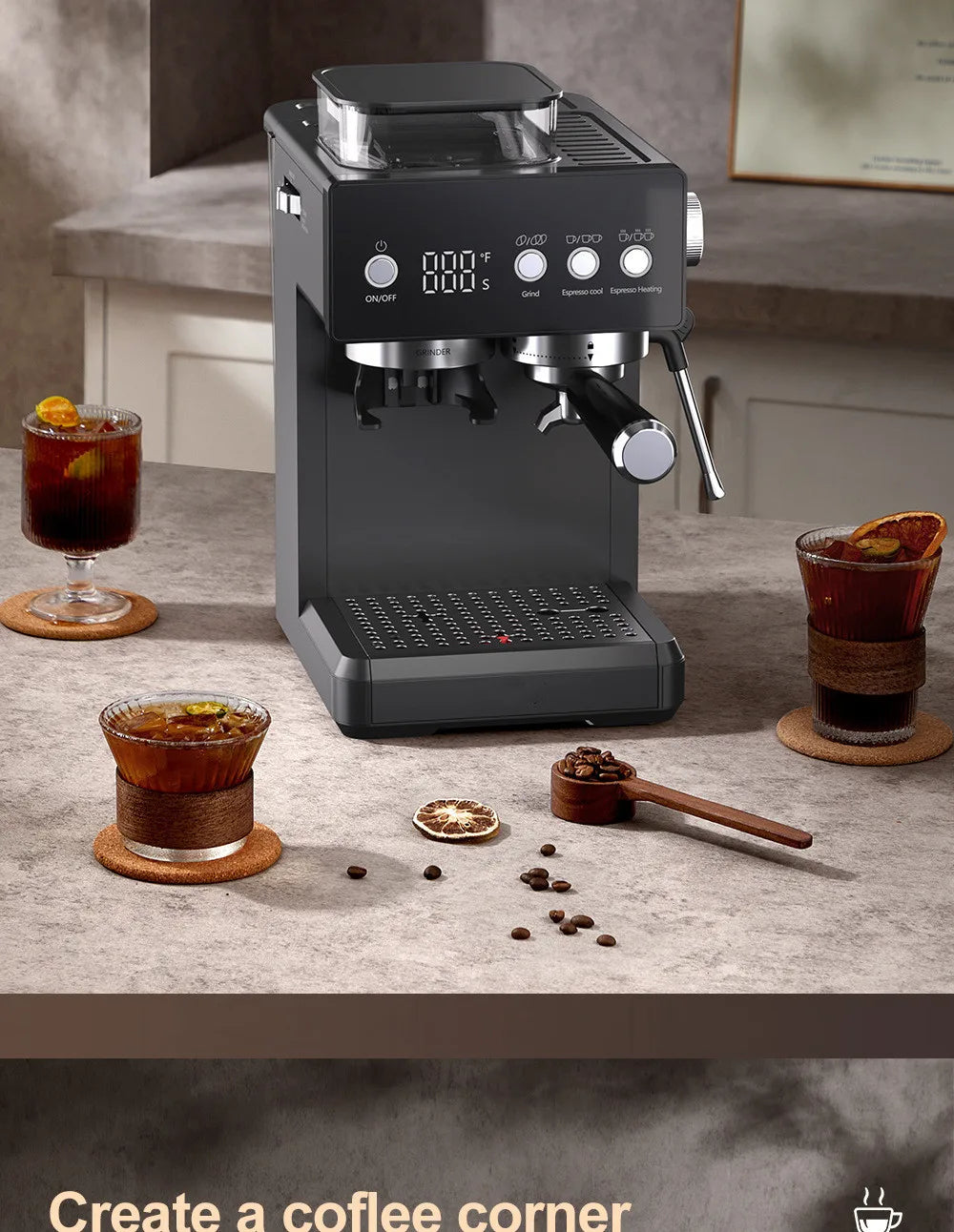 3-in-1 Semi-Automatic Espresso Machine with Built-in Grinder & Milk Frother | Cold Brew Function | 20Bar Pump for Home Barista