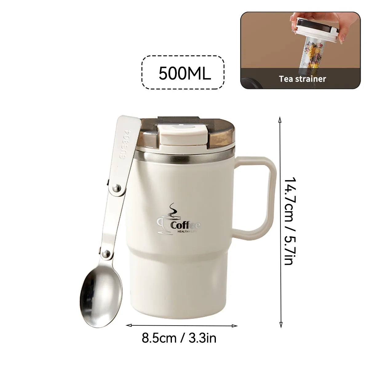 Mug Isotherme avec Cuillère Passoire Portable Grande Capacité Tasse à Café