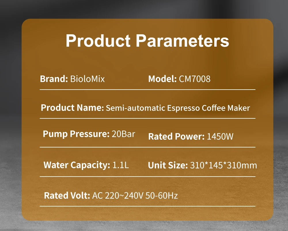 BioloMix Machine à café semi-automatique 20 bars avec buse vapeur pour le lait