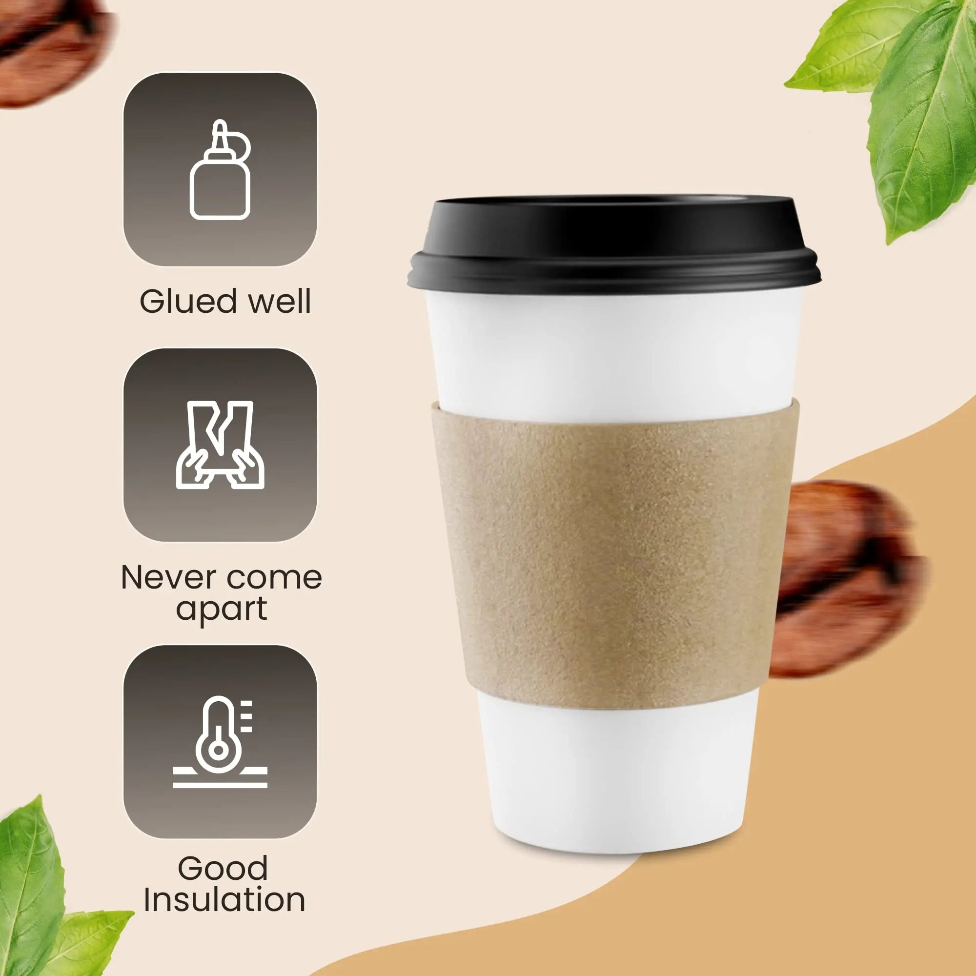 Manchons de tasses en papier ondulé marron, isolants thermiques pour tasses à café.