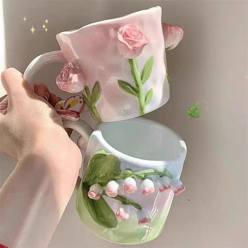 Tasse à café en céramique rose créative en relief motif tulipe pour fille, tasse à fleurs